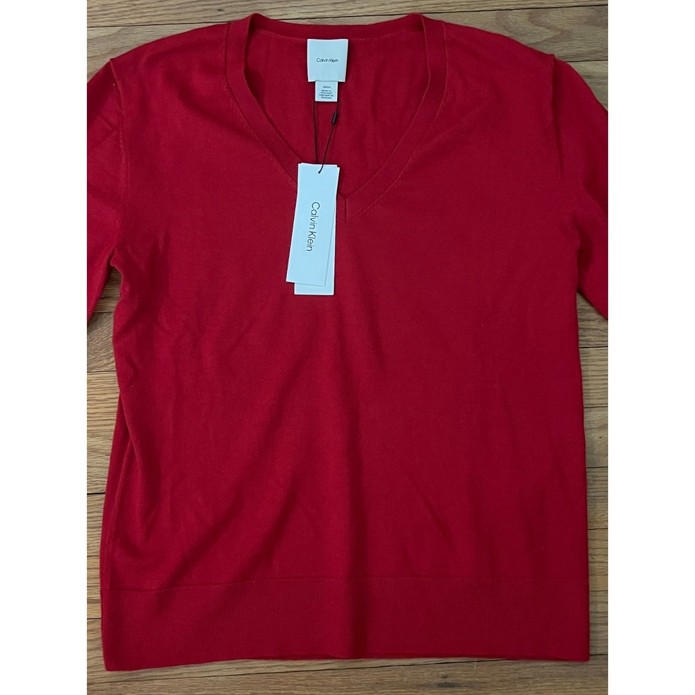 New $99 Calvin Klein Red V-Neck Merino Wool Lightweight Sweater Women S